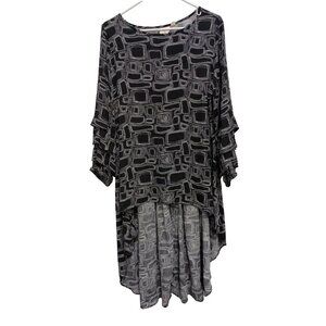 Truth & Style Womens Lagenlook Hi Low Tunic Top Medium Petite Black Abstract Art